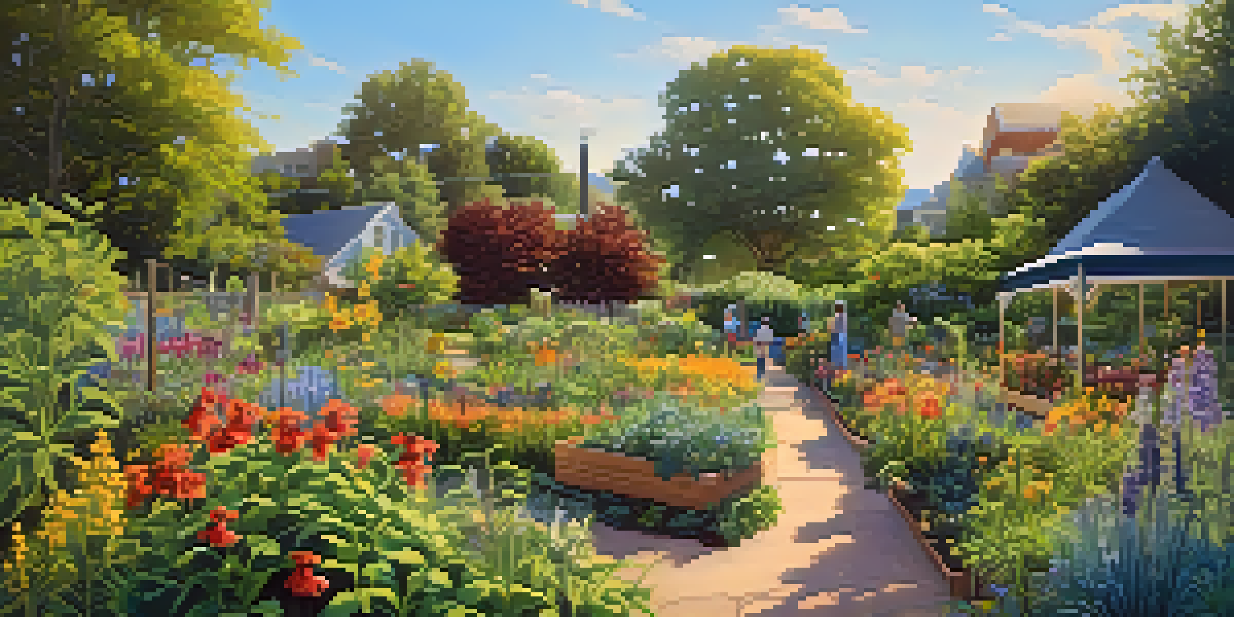 A colorful community garden with native plants and wildflowers, buzzing bees, and clear blue skies.