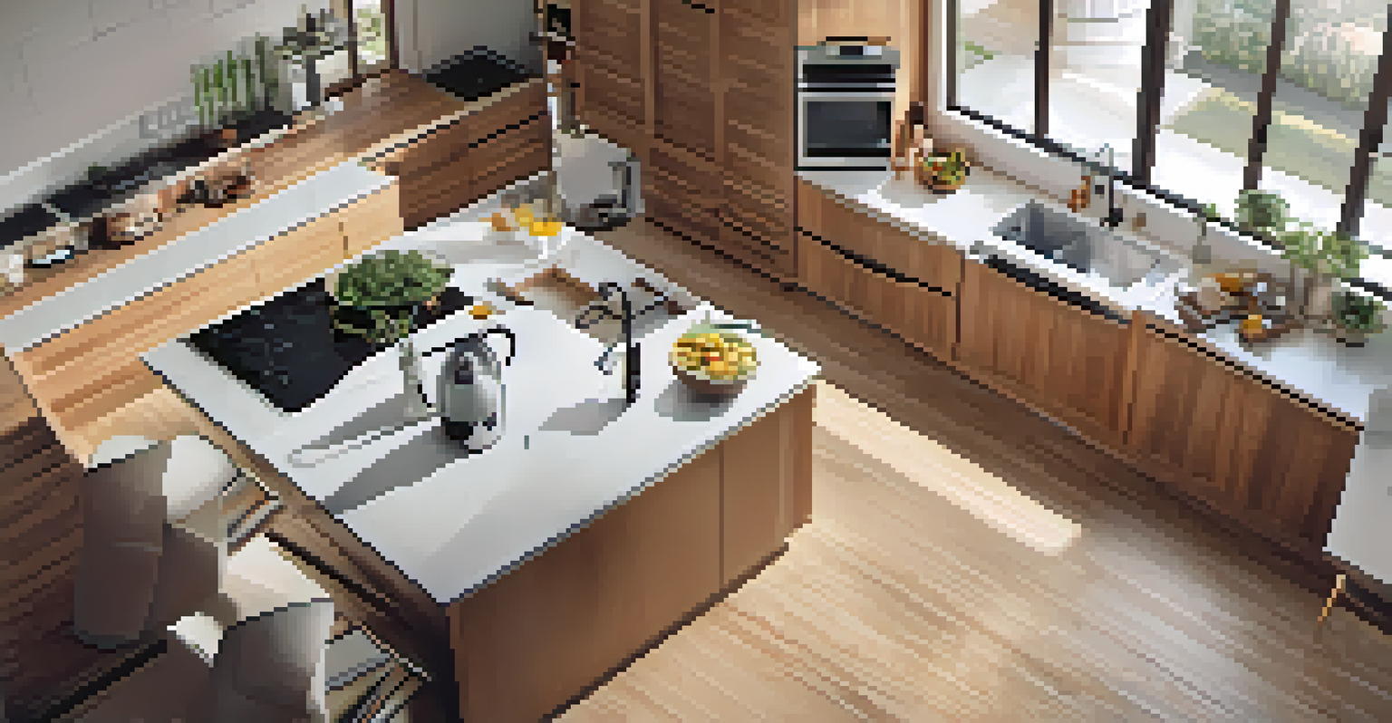 An aerial view of a tidy kitchen countertop with appliances plugged into smart plugs, showcasing a bright and organized space focused on energy efficiency.