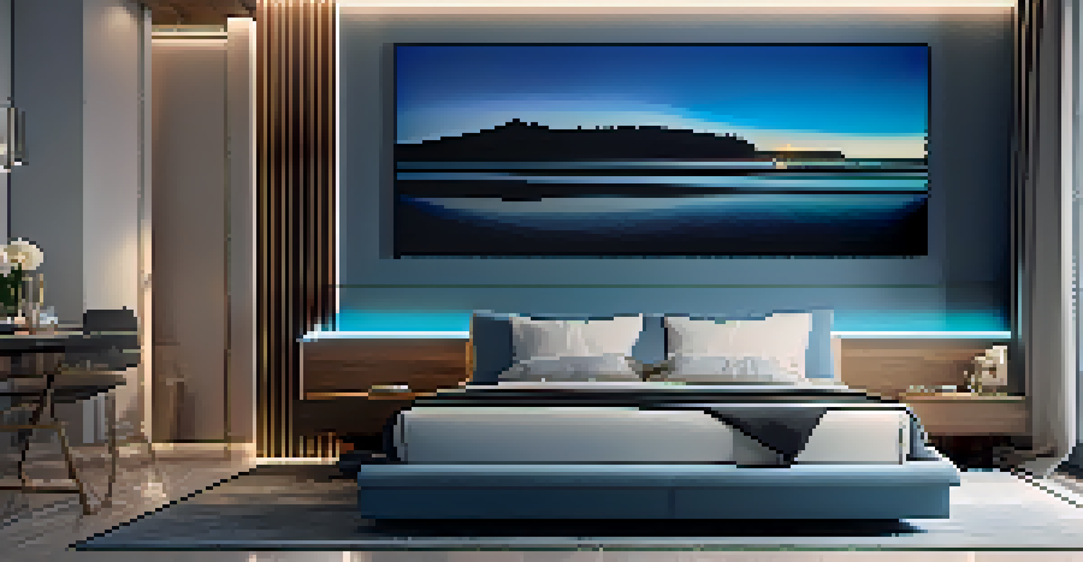 A bedroom with LED strip lights along the headboard, creating soft ambient lighting and a relaxing atmosphere.