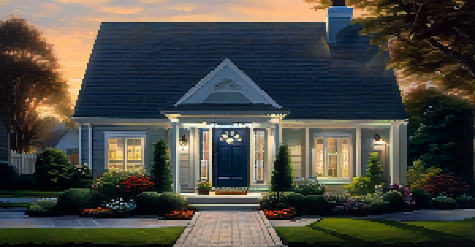 A suburban home at dusk with outdoor lighting and a secured front door, emphasizing home security.
