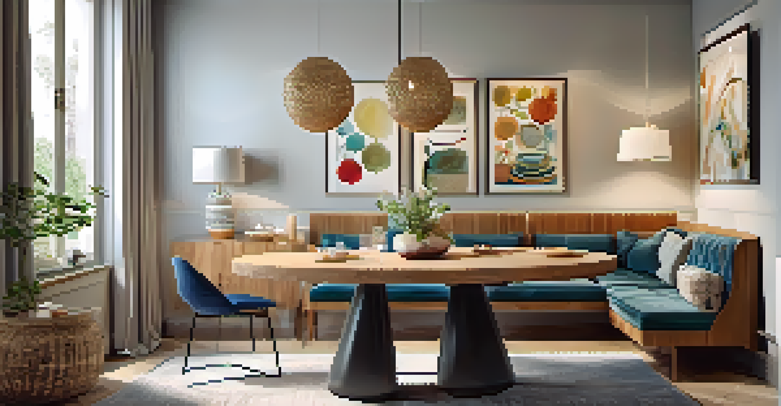 An inviting small dining area with a round table, vibrant artwork, and warm lighting creating a cozy atmosphere.