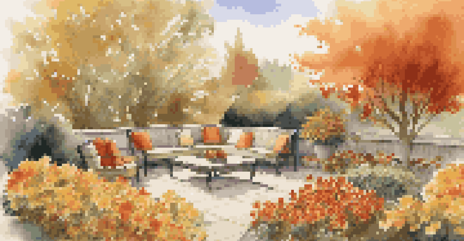 An inviting autumn garden displaying colorful chrysanthemums and ornamental peppers, with a cozy seating area surrounded by autumn leaves.