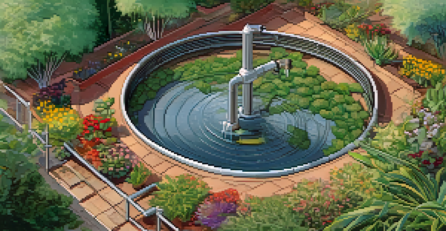 An aerial view of a lush garden with a drip irrigation system efficiently watering plants at their base.