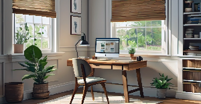 A cozy home office with a wooden desk, laptop, plants, and a coffee mug, illuminated by soft natural light.