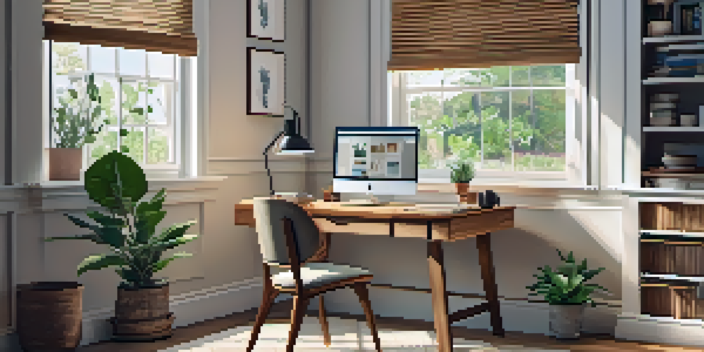 A cozy home office with a wooden desk, laptop, plants, and a coffee mug, illuminated by soft natural light.