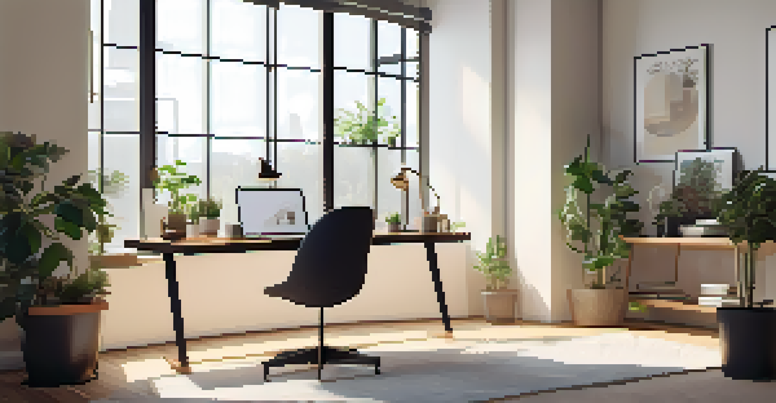 A modern workspace featuring a stylish floor lamp and a minimalistic desk with natural light streaming in from a large window.