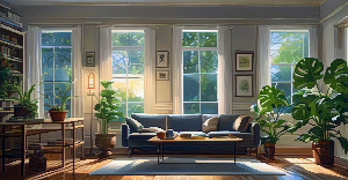 A home inspector checks a living room with a flashlight, highlighting the cozy and bright atmosphere of the space.