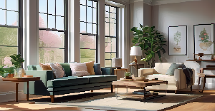 A tidy living room with a cozy sofa, a coffee table with flowers, and large windows letting in natural light.