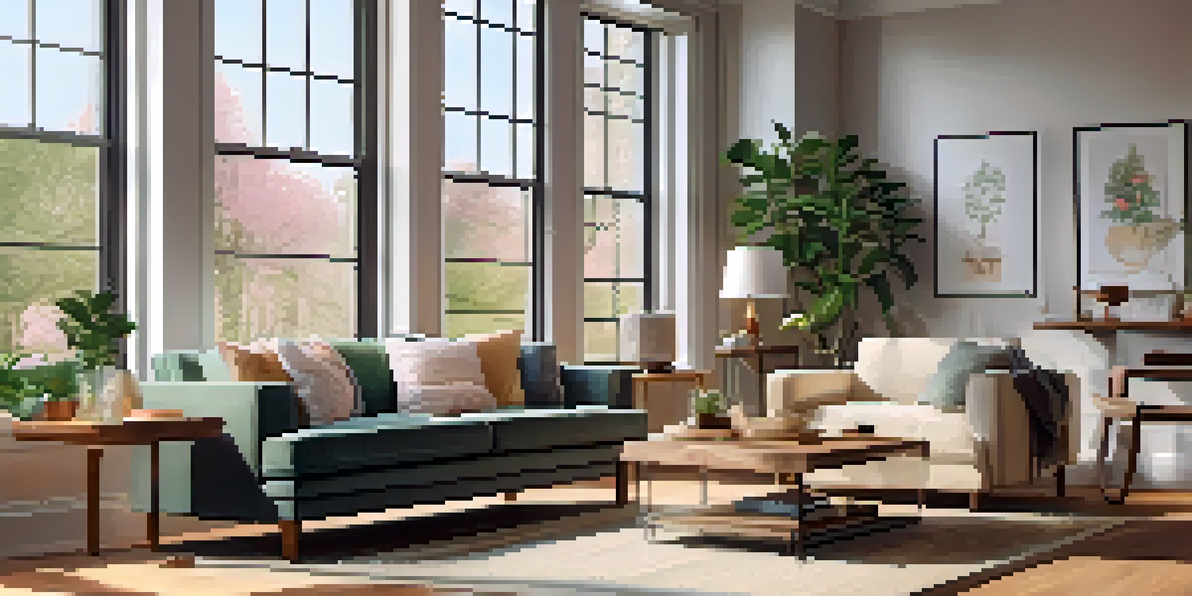 A tidy living room with a cozy sofa, a coffee table with flowers, and large windows letting in natural light.