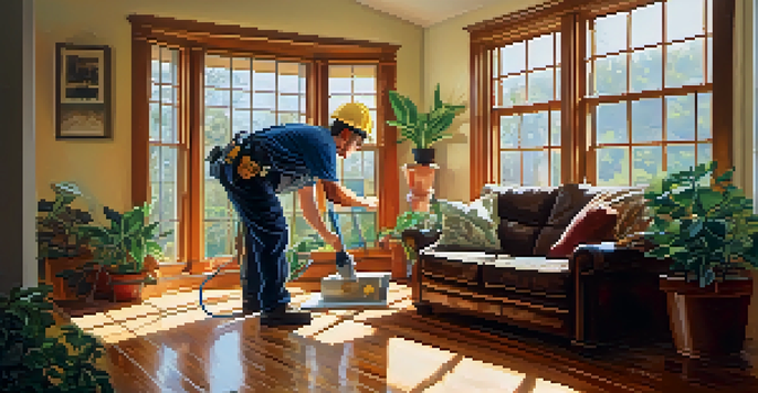 A home inspector examining the foundation of a house in a bright and cozy living room.
