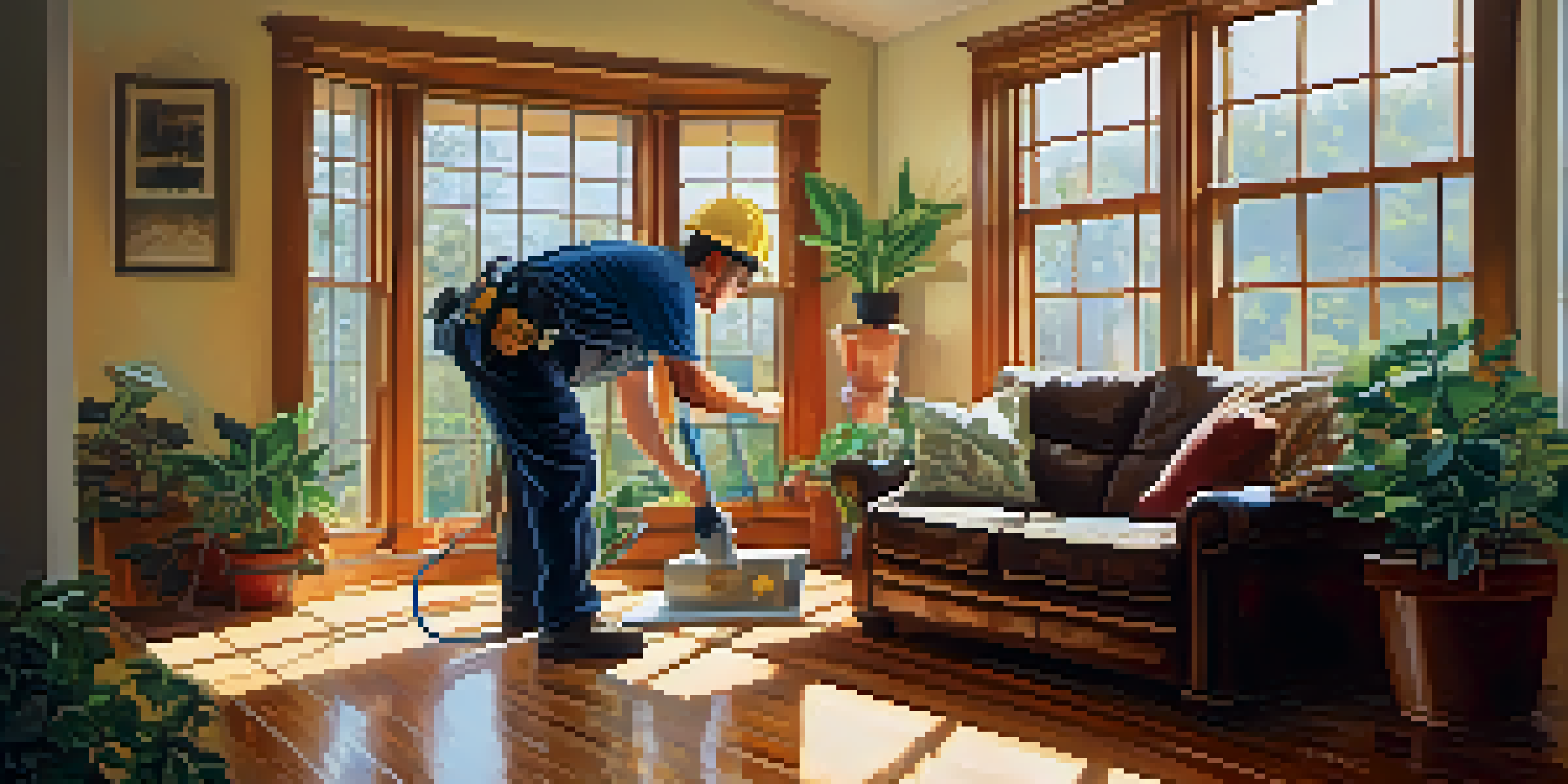 A home inspector examining the foundation of a house in a bright and cozy living room.