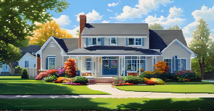 A suburban home with a 'For Sale' sign in the front yard, surrounded by flowers and a clear blue sky.