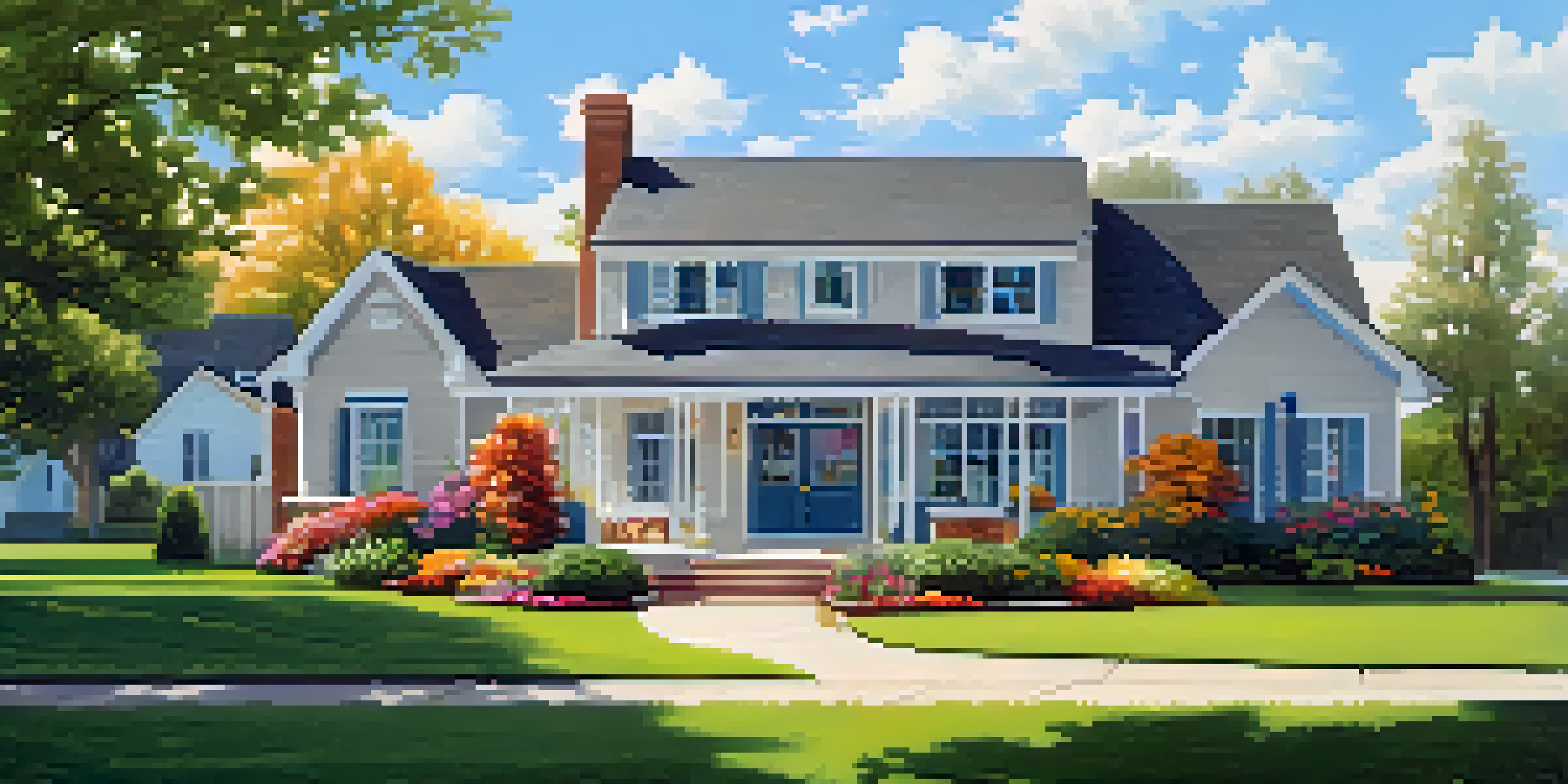 A suburban home with a 'For Sale' sign in the front yard, surrounded by flowers and a clear blue sky.