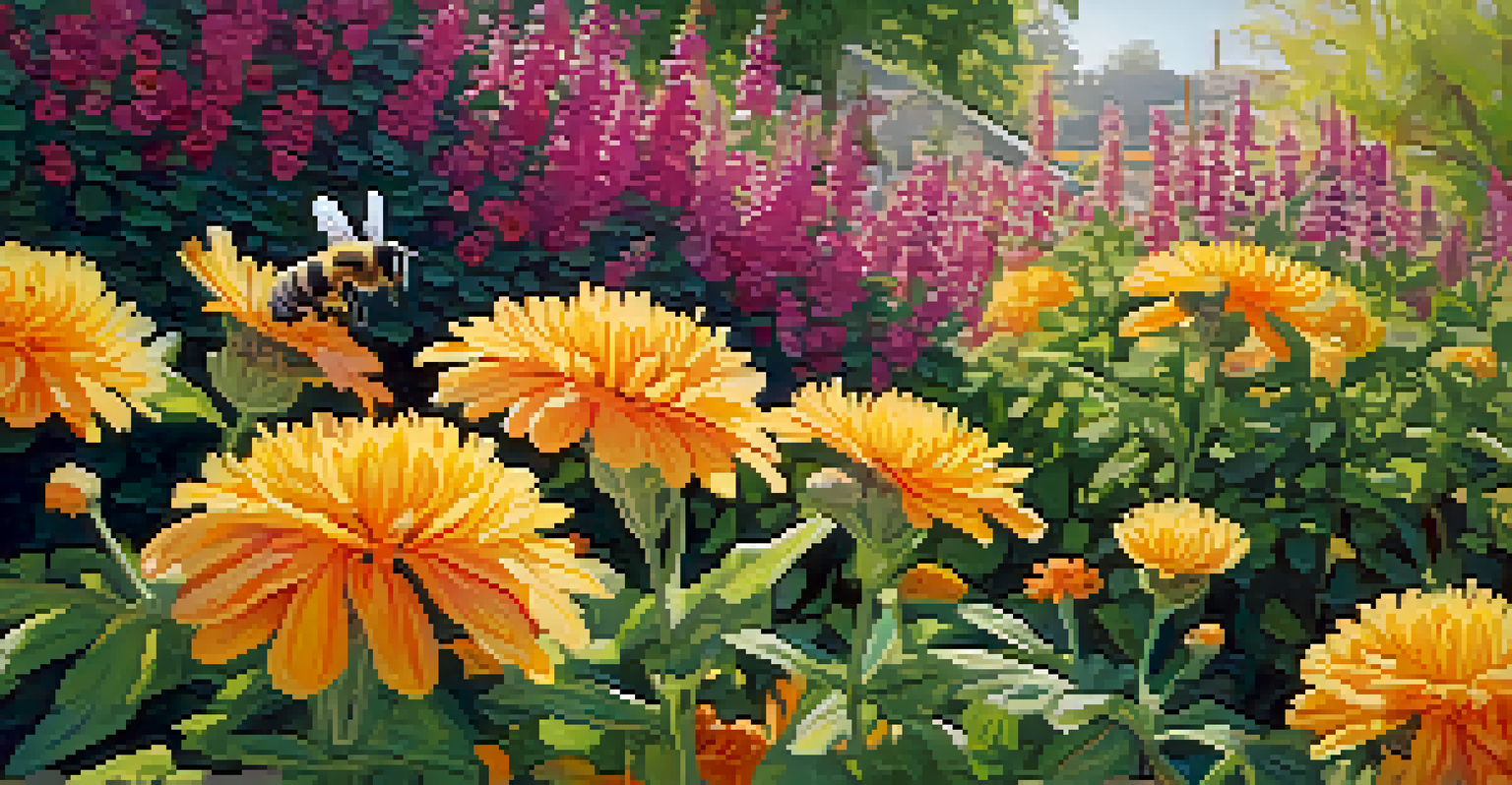 A close-up of a colorful garden with flowers and a bee, emphasizing the vibrant colors and textures of nature.