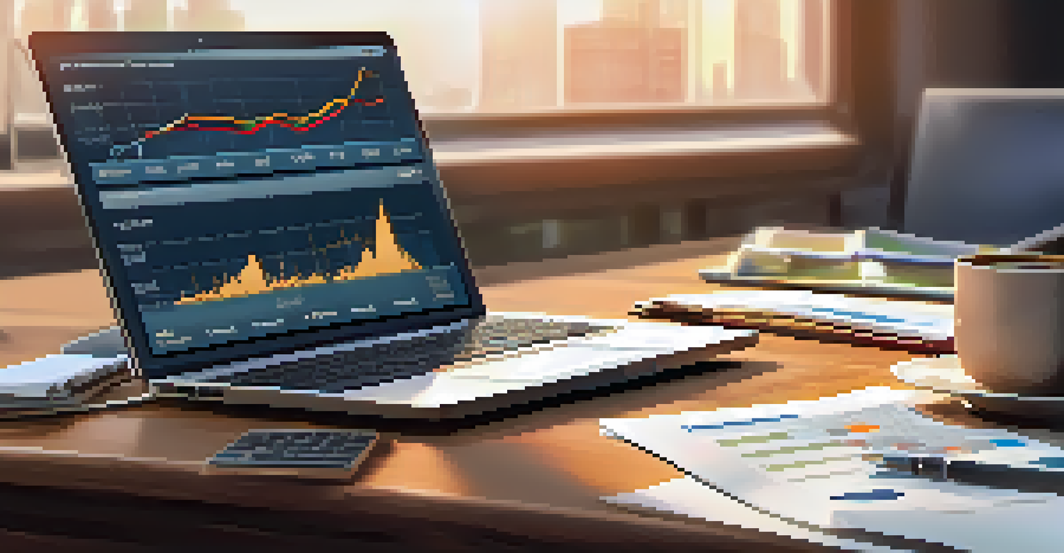 A close-up of financial documents, a laptop, and a coffee cup on a wooden desk.