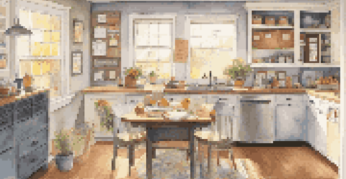 A bright kitchen with a family command center, including a wall calendar, bulletin board, and personal reminder cards, bathed in soft morning light.