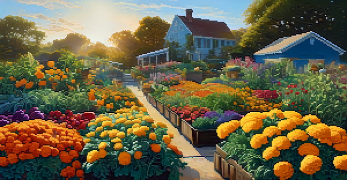A colorful organic garden with vegetables and marigolds under a sunny sky.