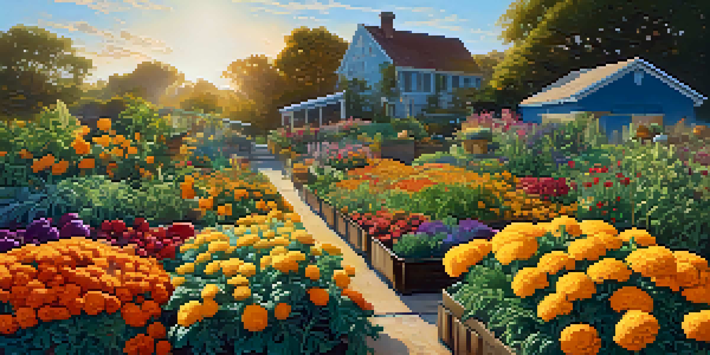 A colorful organic garden with vegetables and marigolds under a sunny sky.