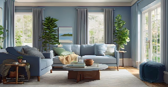A warm and cozy living room showcasing modern furniture and a freshly painted blue accent wall, illuminated by soft lighting.