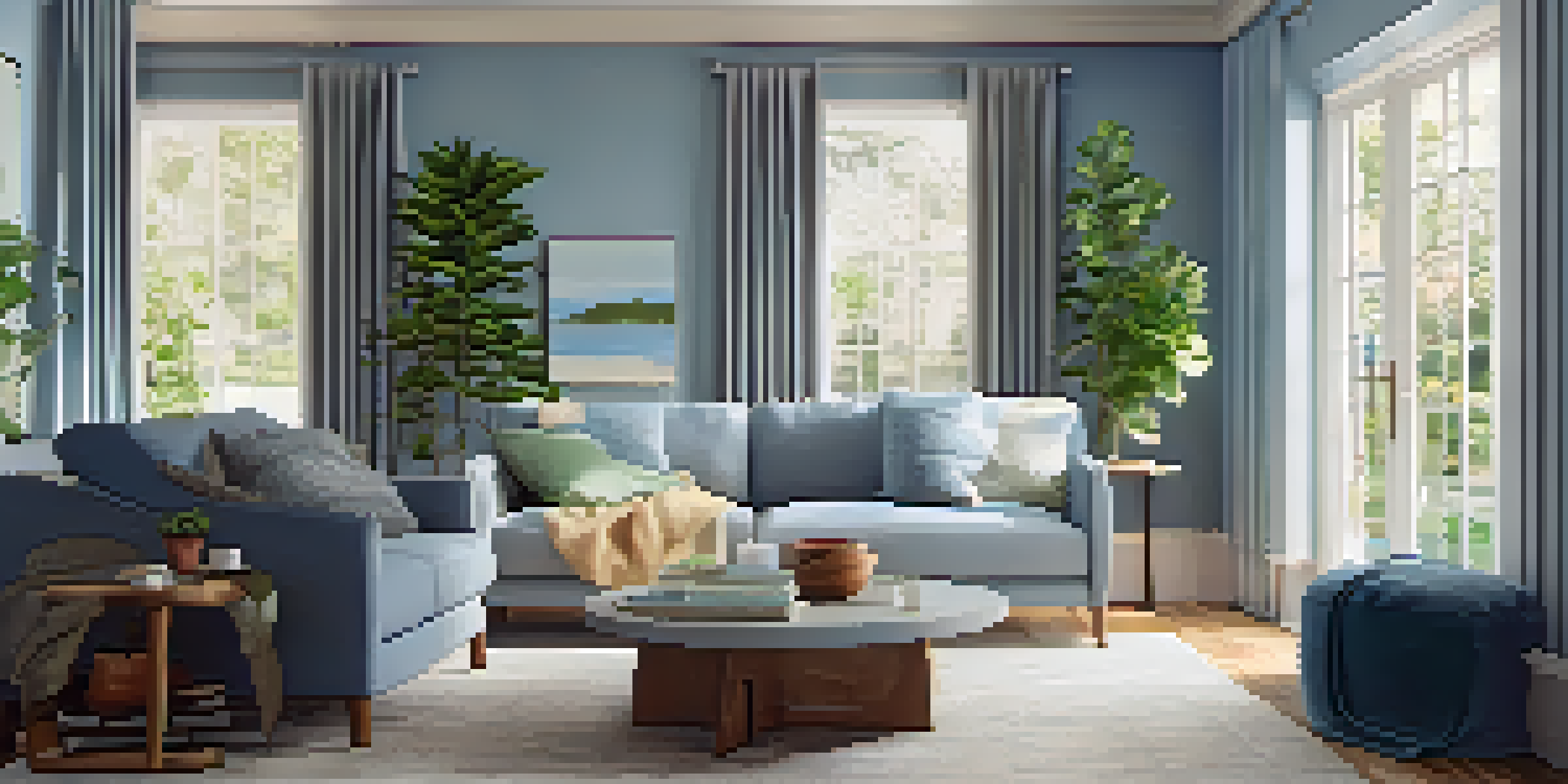 A warm and cozy living room showcasing modern furniture and a freshly painted blue accent wall, illuminated by soft lighting.