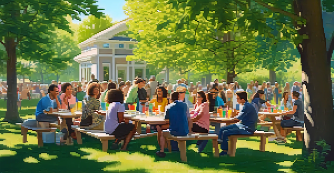 A diverse group of neighbors chatting and sharing energy-saving tips at a picnic table in a sunny park, surrounded by greenery and flowers.