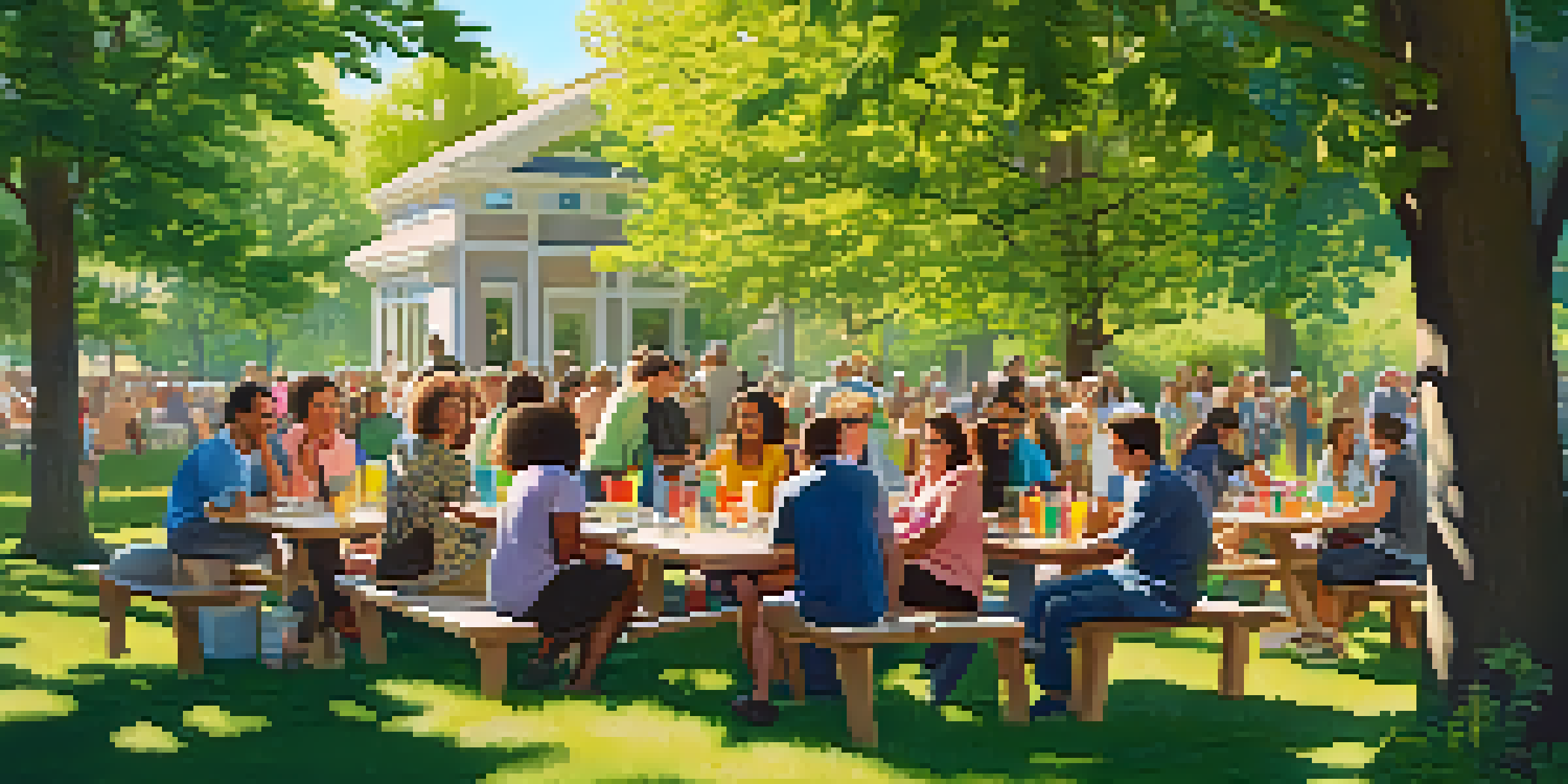 A diverse group of neighbors chatting and sharing energy-saving tips at a picnic table in a sunny park, surrounded by greenery and flowers.