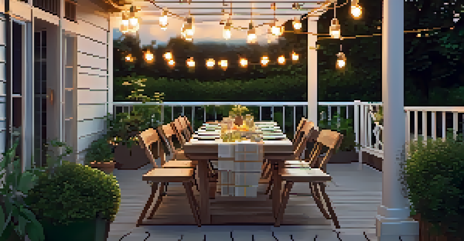 An evening patio setup with string lights, a dining table, and chairs surrounded by greenery, illuminated by a warm sunset.