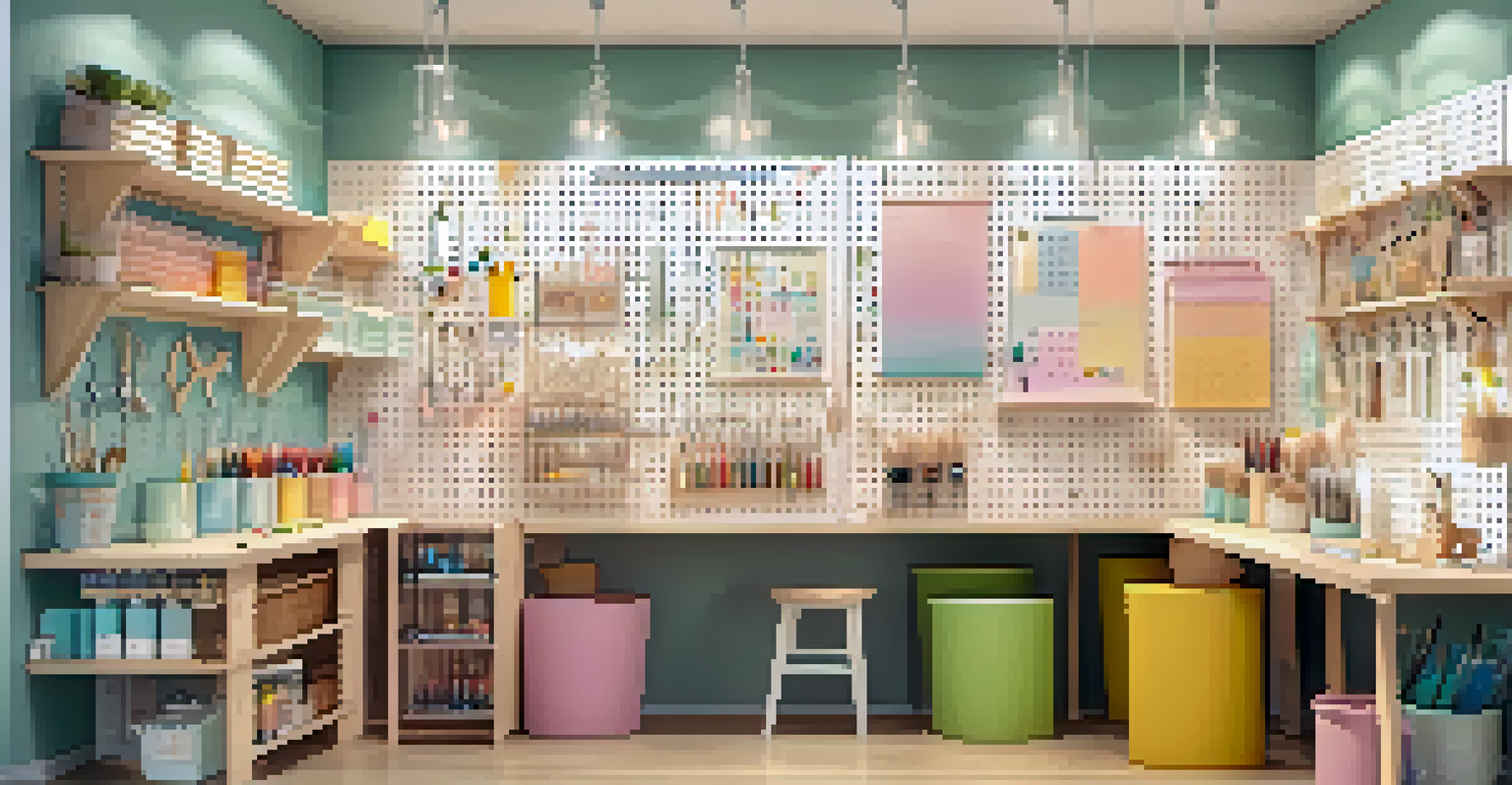 A craft room with a colorful pegboard wall organizing various craft supplies, illuminated by bright overhead lights.