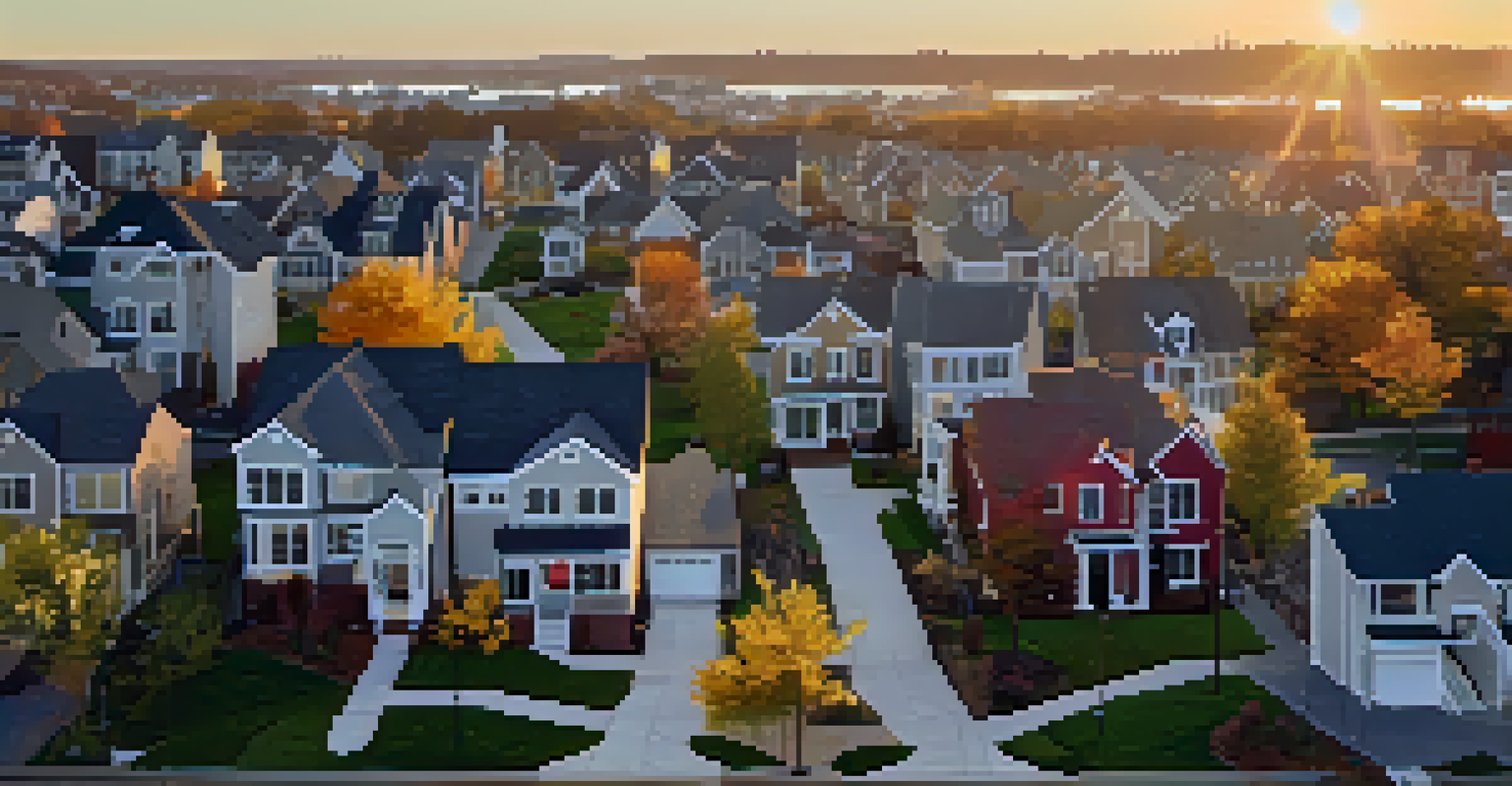An aerial view of a city with a mix of new and old homes, featuring a 'For Sale' sign on a lawn during sunset.