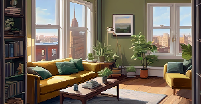 A warm and inviting urban apartment living room with a sofa, bookshelf, and city view through the window.