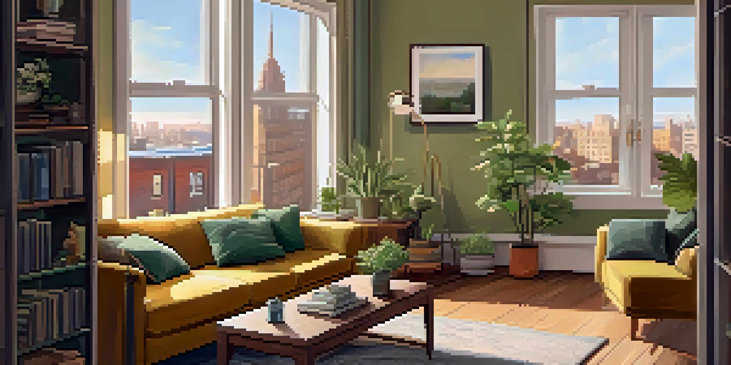 A warm and inviting urban apartment living room with a sofa, bookshelf, and city view through the window.
