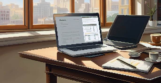 An office desk with a laptop showing a valuation report, a notepad, a calculator, and a coffee cup, illuminated by soft natural light.