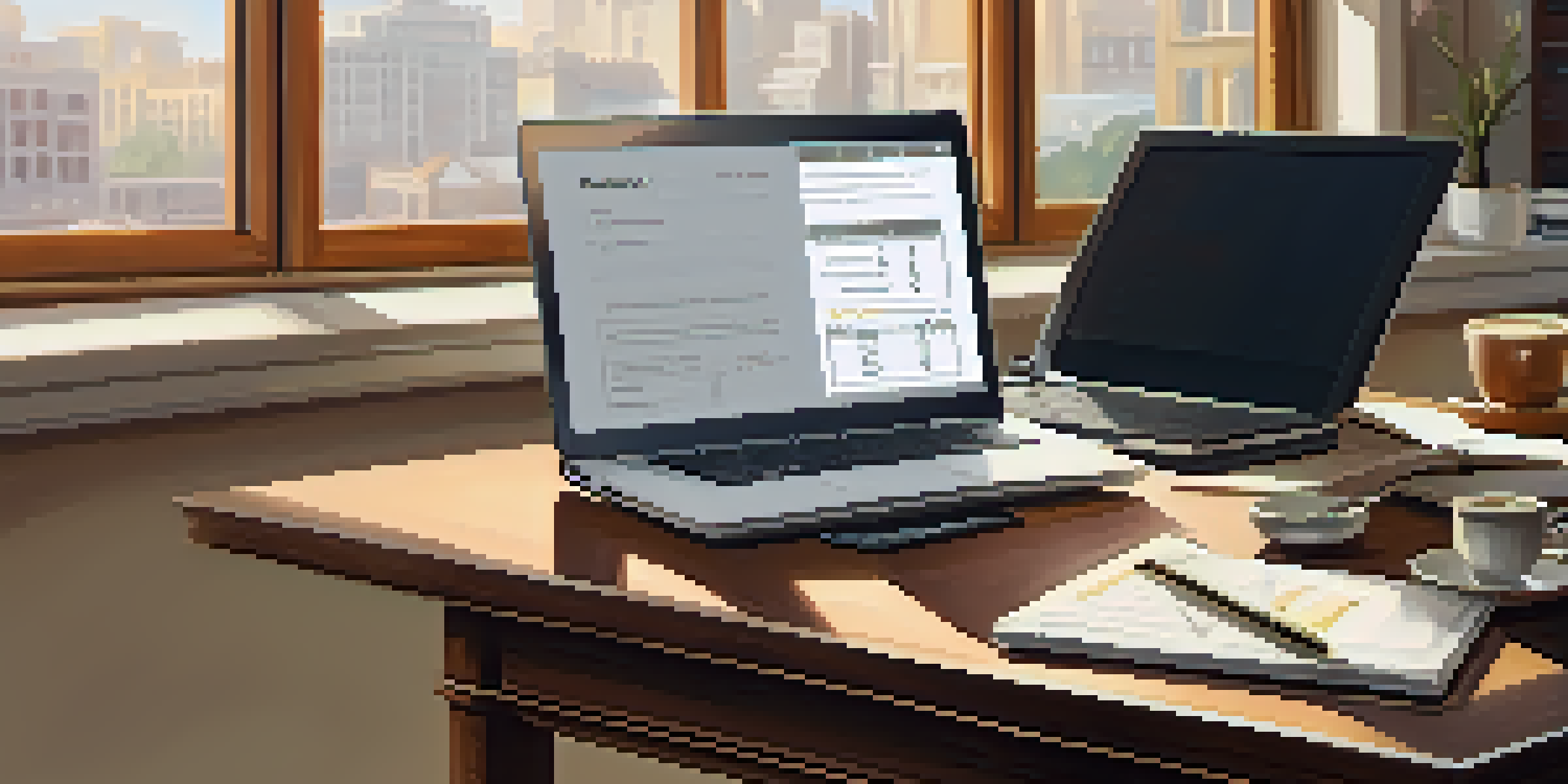 An office desk with a laptop showing a valuation report, a notepad, a calculator, and a coffee cup, illuminated by soft natural light.