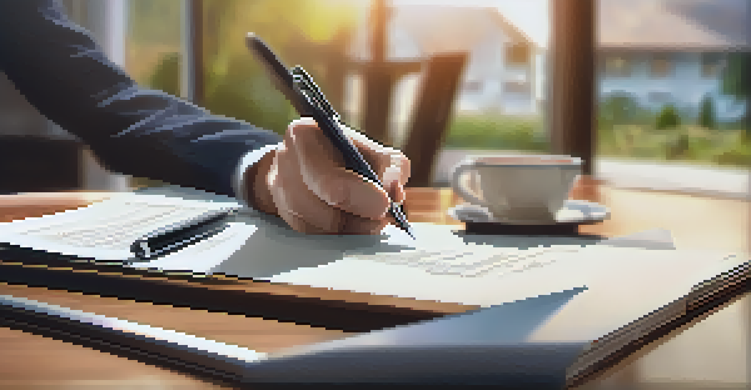 A close-up image of a hand writing on a contract with a pen, a house model, and a laptop in the blurred background, illuminated by warm light.