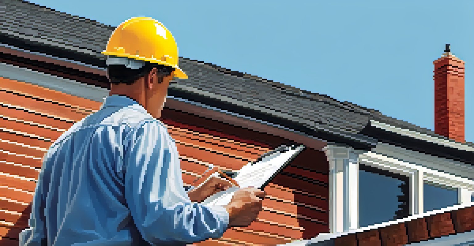 A home inspector checking a roof while standing on a ladder, with a clipboard and tools nearby.