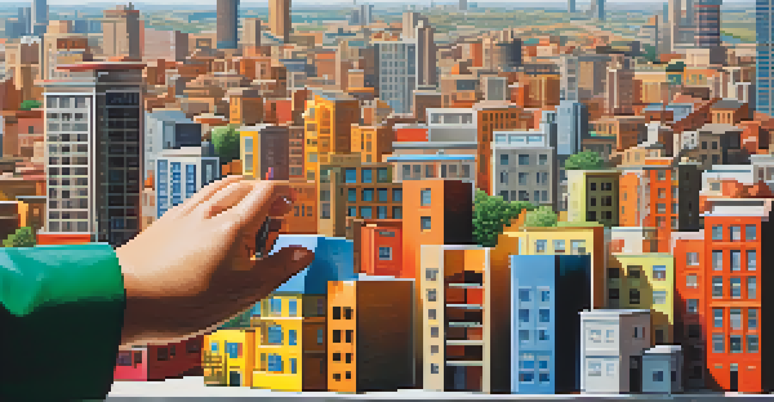 Hands holding miniature building models representing various property types with a cityscape background.