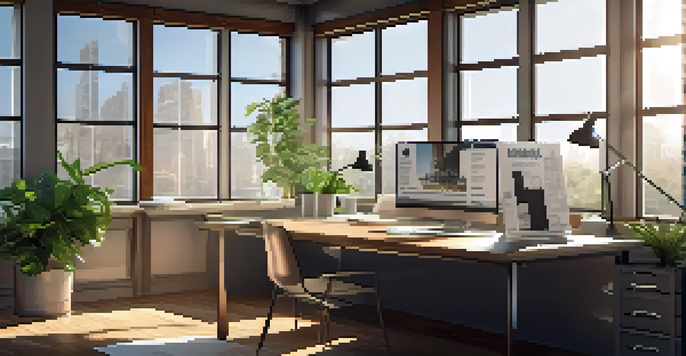 A bright contractor's office with construction plans, a laptop displaying reviews, and certificates on the walls.