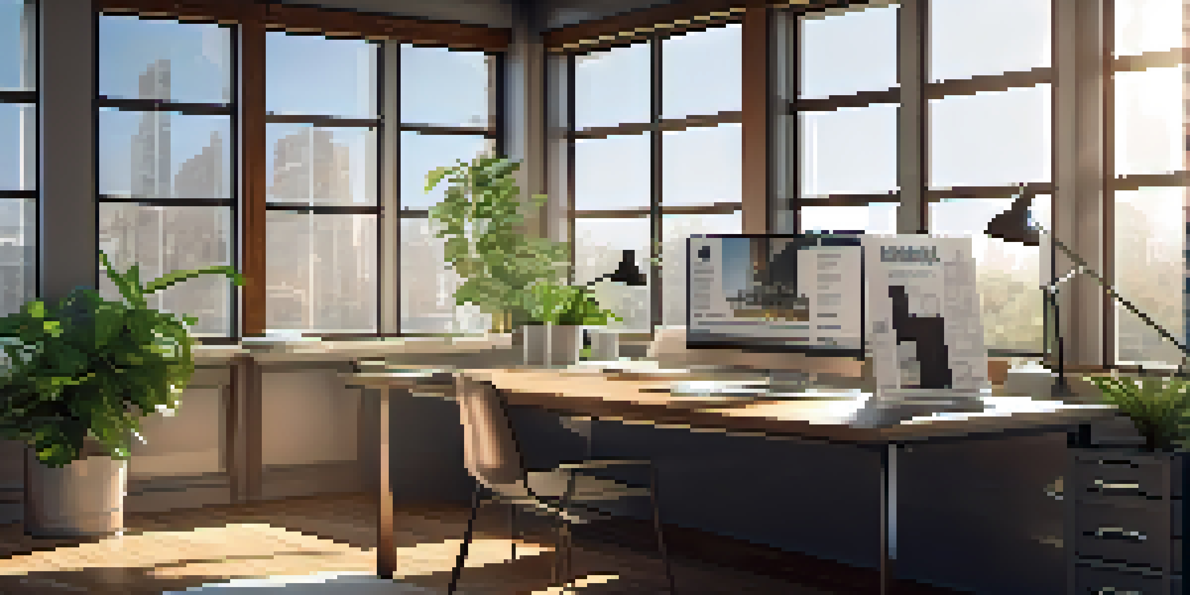 A bright contractor's office with construction plans, a laptop displaying reviews, and certificates on the walls.