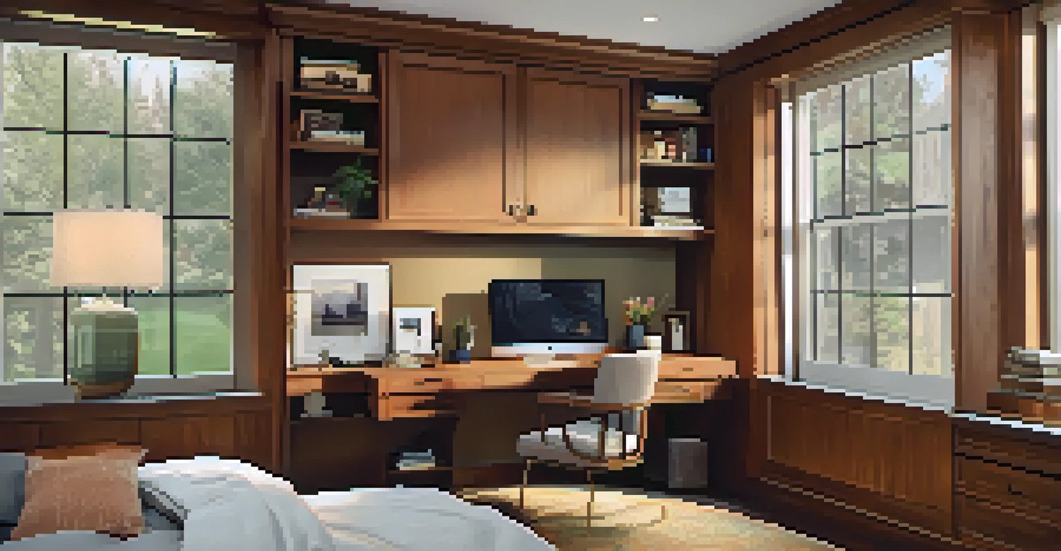 A multifunctional home office that transforms into a guest bedroom, with a fold-out desk and a murphy bed, bathed in warm light.