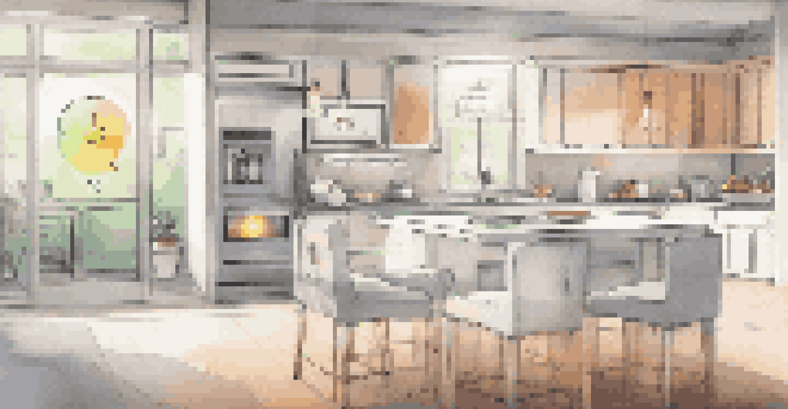 A smartphone showing a smart home app with control options and energy statistics, set against a modern kitchen.