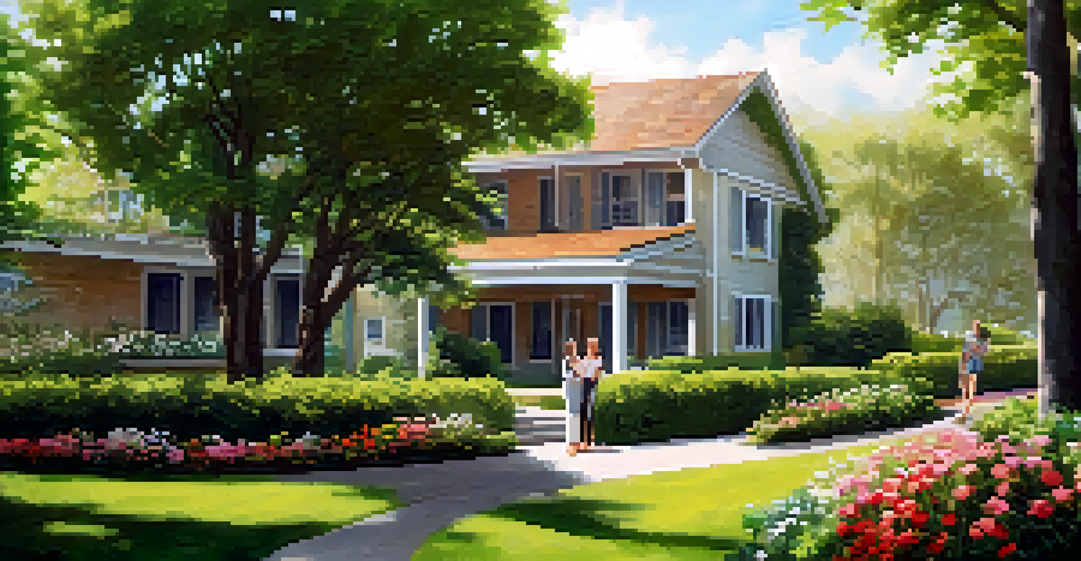 An outdoor view of a well-maintained apartment building with a property manager discussing with a potential tenant, surrounded by greenery.