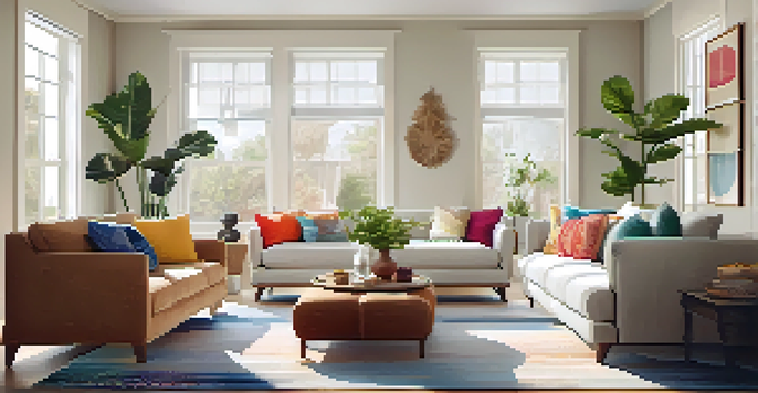 A well-lit living room with neutral wall colors and colorful decor, including a cozy sofa and potted plants, showcasing a fresh and inviting atmosphere.