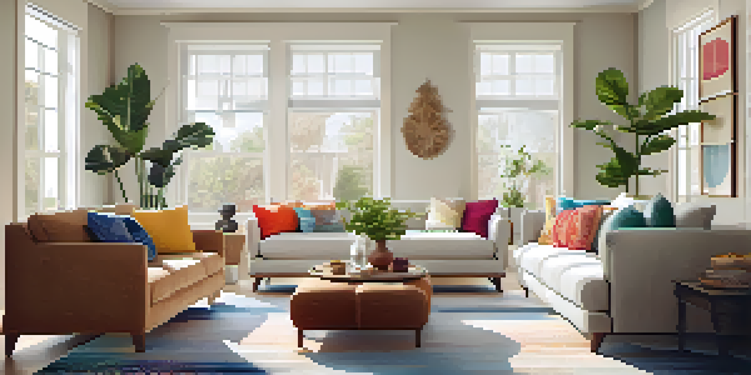 A well-lit living room with neutral wall colors and colorful decor, including a cozy sofa and potted plants, showcasing a fresh and inviting atmosphere.