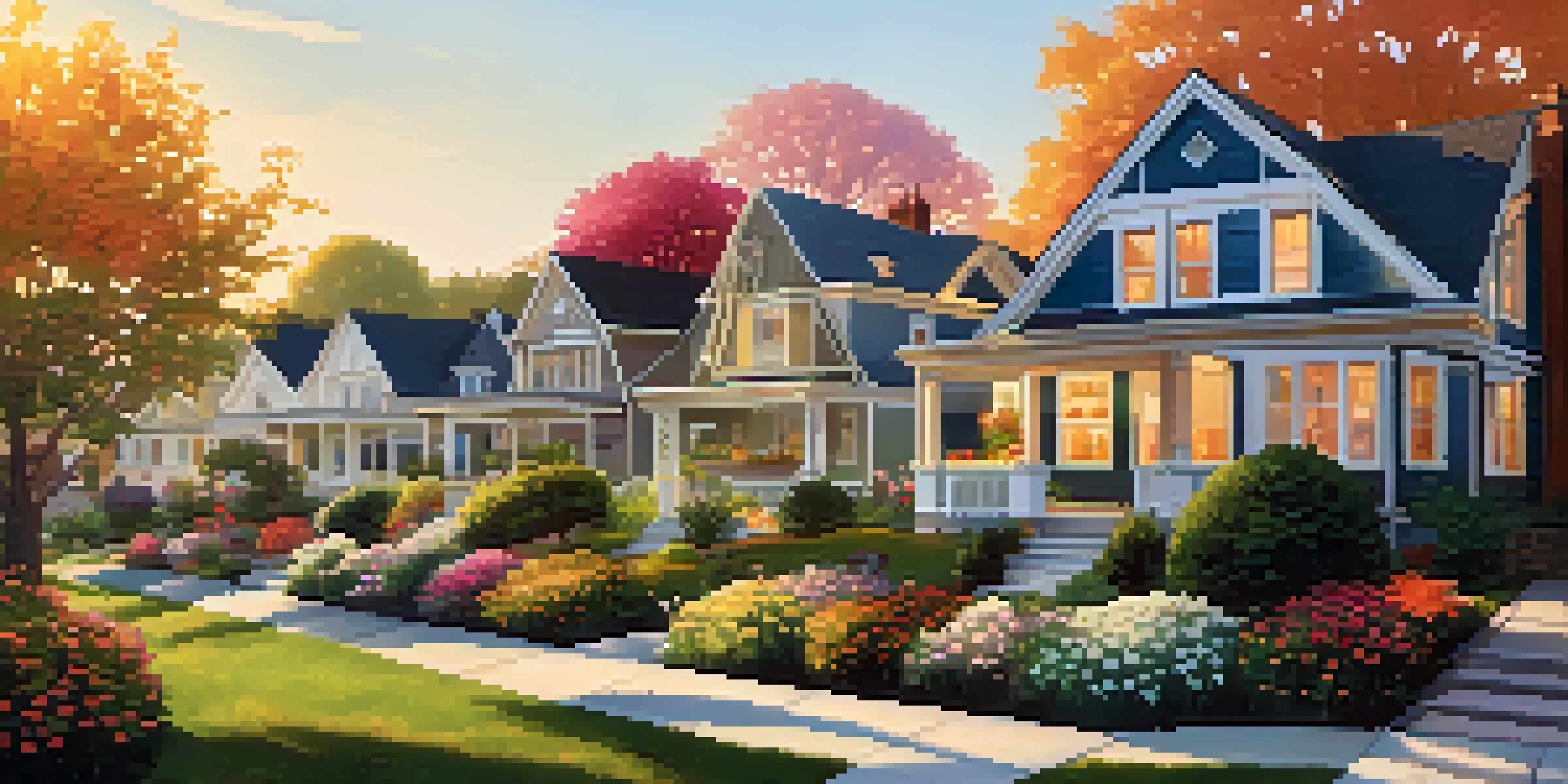 A peaceful suburban neighborhood with houses and blooming flowers, a family gardening together in warm sunlight.