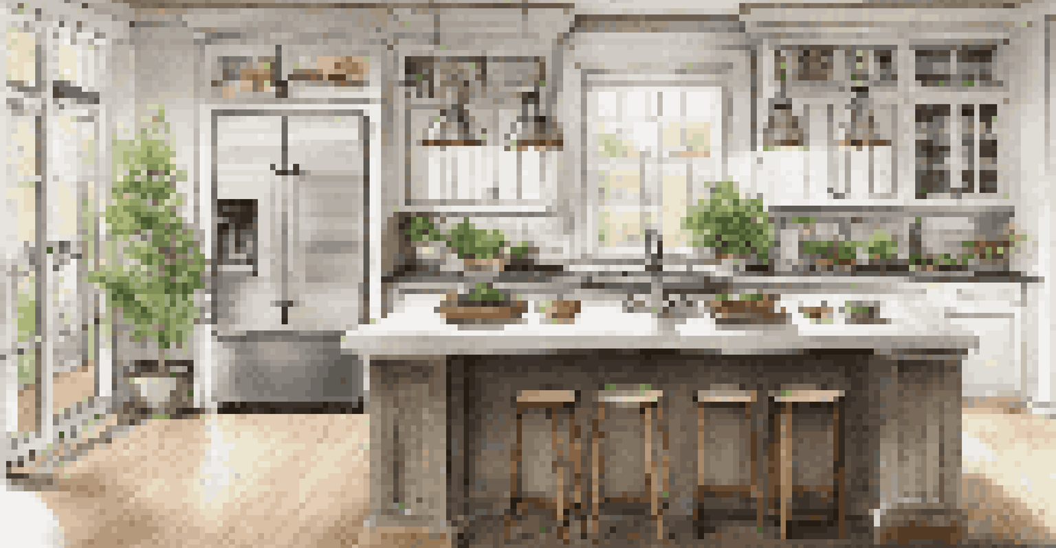 A bright kitchen with stainless steel appliances, a large island, and pendant lights, featuring a mix of white and wooden cabinetry and potted herbs on the windowsill.