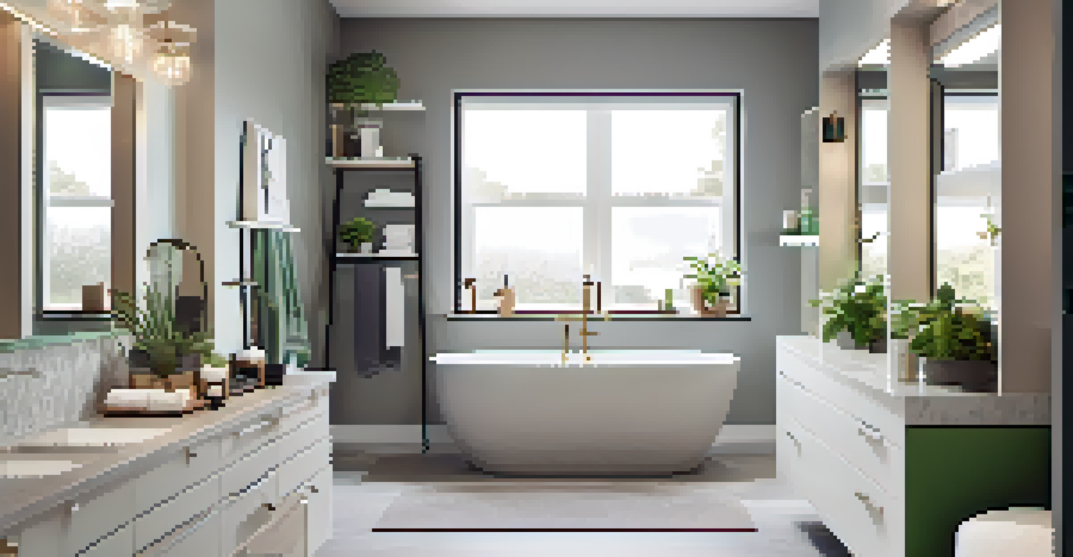 An organized bathroom with built-in shelves, a stylish vanity, soft colors, and natural light.