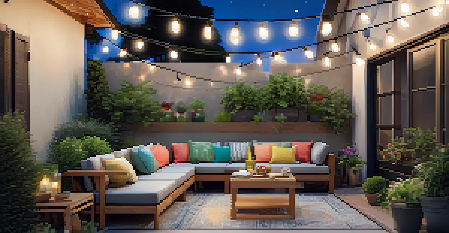 A cozy outdoor patio with seating, plants, and decorative string lights in a garden setting.