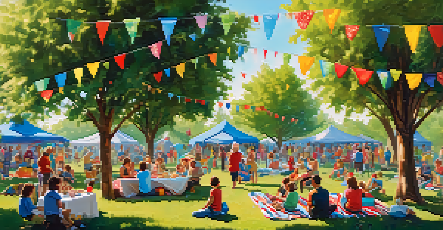 A vibrant suburban park filled with families and children enjoying a community event, featuring picnic blankets, games, and colorful decorations.