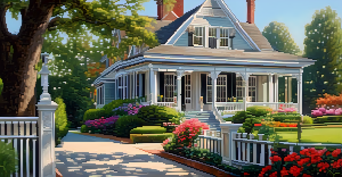 A renovated historic house with original features and modern updates, surrounded by colorful gardens.