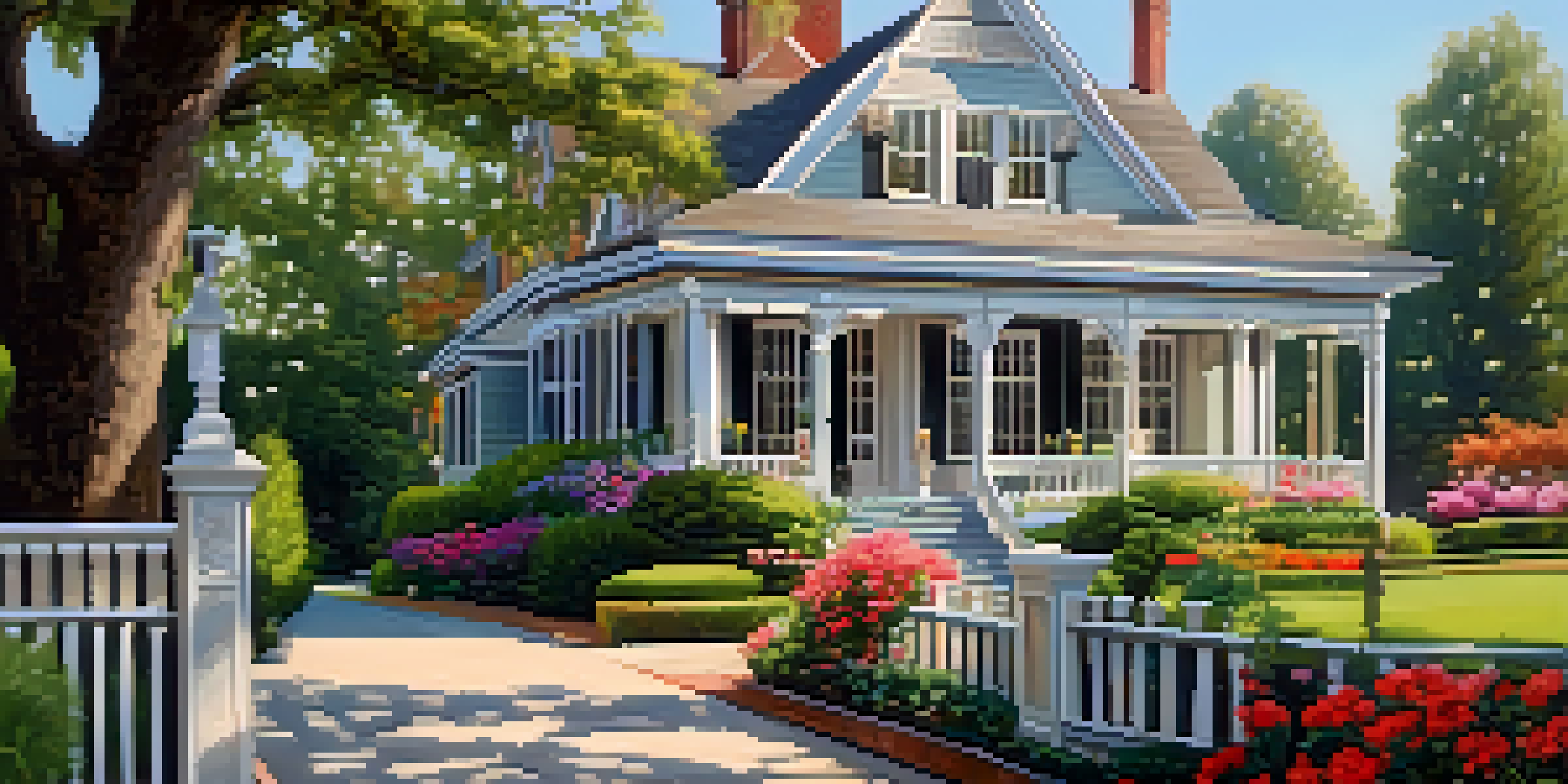 A renovated historic house with original features and modern updates, surrounded by colorful gardens.